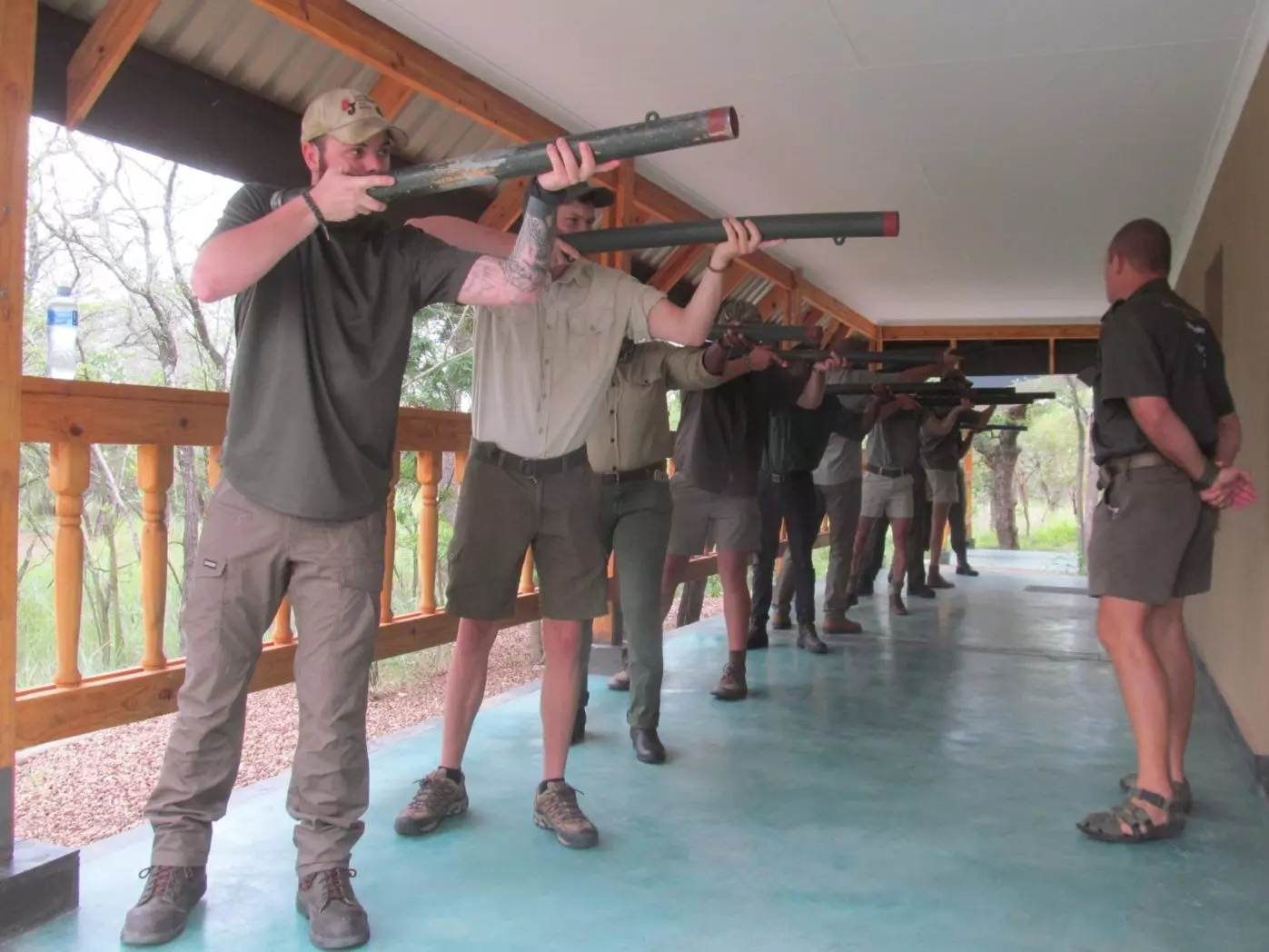 To the accompaniment of much “eesh-ing” and “aaagh-ing” the new guiding students are put through a ‘rifle’ handling, upper body strength training regime on a daily basis. Over the duration of the course they will lift and ‘mount’ their ‘rifle’ 30 000 times. Doing so with create the muscle memory so necessary for quick and effective large bore rifle handling.