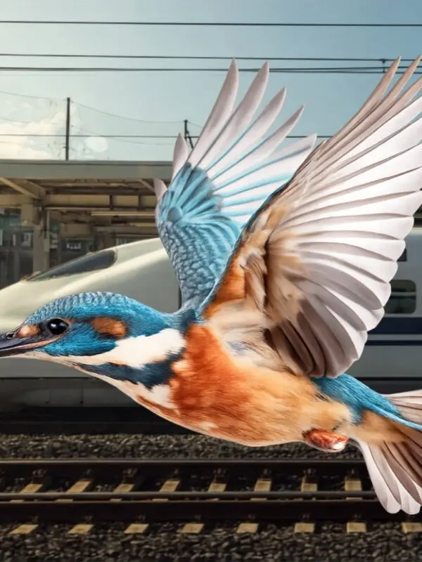 Biomimicry example of a kingfisher beak design inspiring a high speed bullet train nose