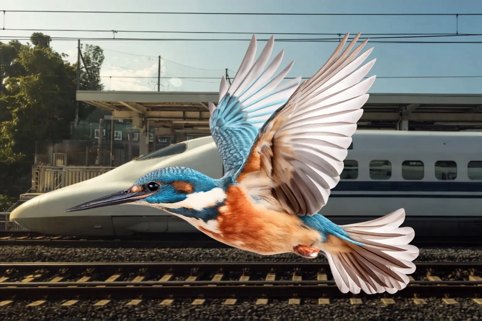 Biomimicry example of a kingfisher beak design inspiring a high speed bullet train nose